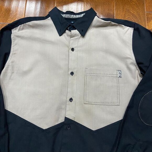 Rich Wierdo Color Block Black Tan White Button Down Shirt Cotton Men's XL - Picture 2 of 9